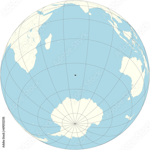 The French Southern and Antarctic Lands are positioned at the center of the orthographic projection of the global map. It is an overseas territory of France. photo
