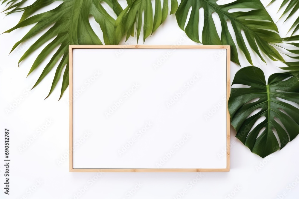 Tropical summer stationery mock-up scene. White blank card mockup for text on dry palm leaf. Green tropical leaves with copy space. Summer stationery still life. - obrazy, fototapety, plakaty 