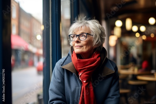 Portrait of a senior woman with glasses and a red scarf in the city.
