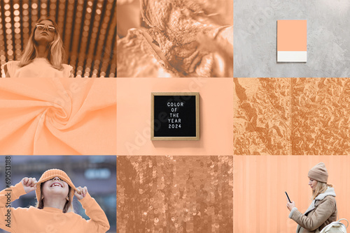 Color of the year 2024 peach fuzz collage. Trendy colors concept photo