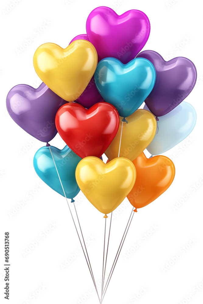 Colorful party heart shaped balloons with isolated against transparent background. Christmas and happy birthday concept
