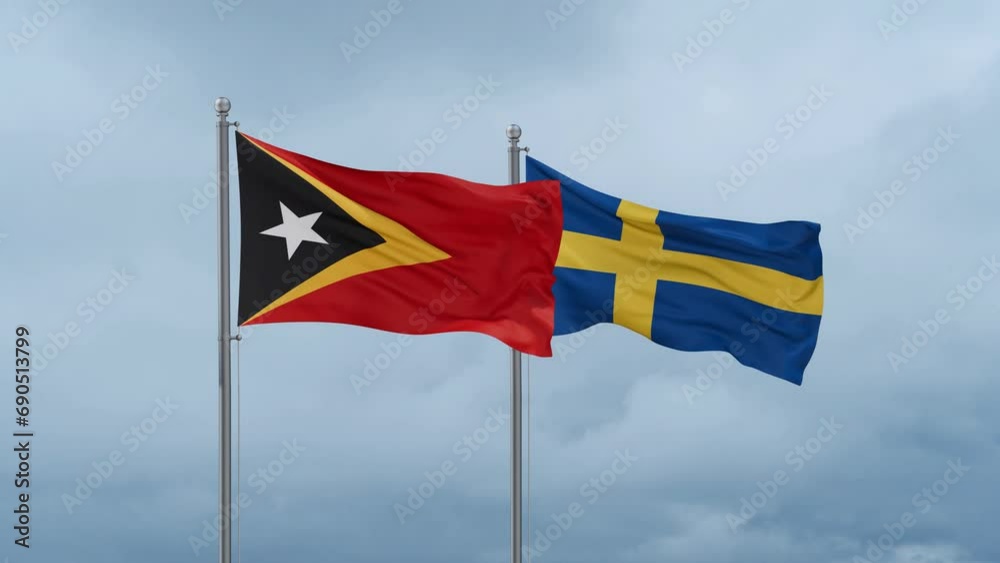 Sweden and Timor flag waving together on cloudy sky, endless seamless loop, two country cooperation concept Sweden and Timor flag waving together on cloudy sky, endless seamless loop, two country cooperation concept