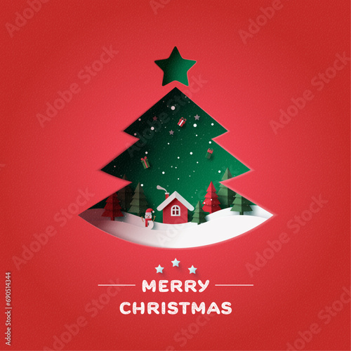 Green christmas Tree decorated. Merry Christmas and winter season on red background. Vector illustration in paper art craft