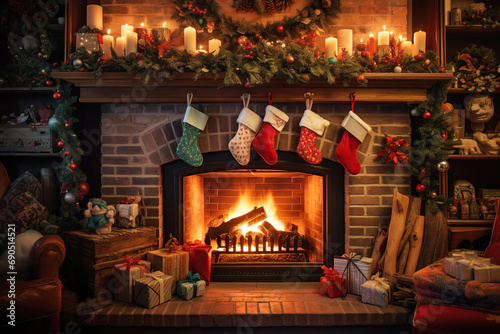 Fireplace decorated with vintage style Christmas red stockings, retro garlands, Vintage fireplace with crackling fire