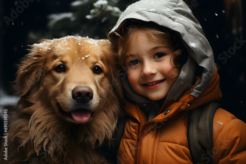 winter portrait of a girl with a dog. the owner and his pet are walking in the snowfall.