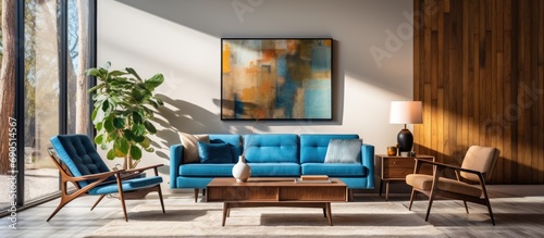 Mid century modern living room with blue chair and wood paneling photo