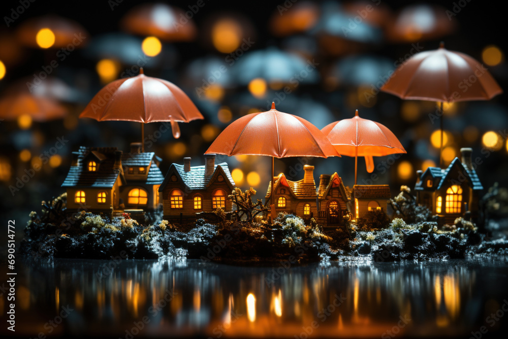 House under umbrella white raining on black studio background. Copy paste, place for text. Home insurance residential home, real estate mortgage protection security safety business investment concept