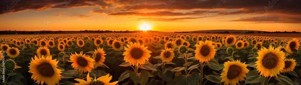 Sunflowers with a backdrop of a setting sun casting golden hues.