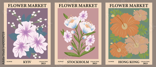 Abstract retro floral posters with bouquet in pastel colors. Templates for your projects, illustrations. Vector illustration.