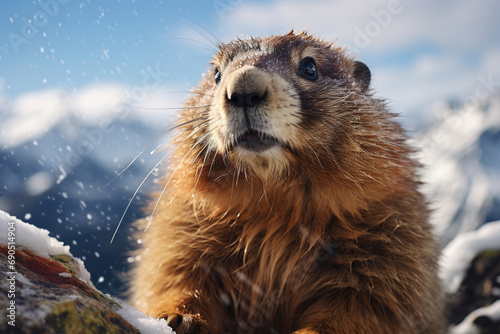 Groundhog looks out of a hole on a winter snowy day  Groundhog Day holiday concept