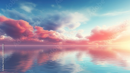  a large body of water with a sky filled with clouds and a sun in the middle of the sky above it.