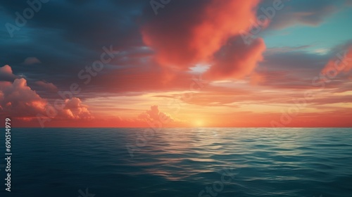  a large body of water under a cloudy sky with a sun setting in the middle of the ocean behind it. © Jevjenijs