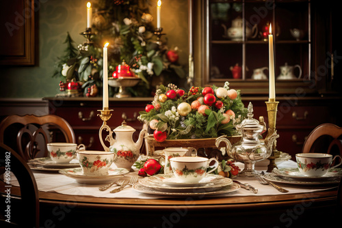 Holiday dining table set with vintage china, antique silverware, and classic Christmas centerpieces