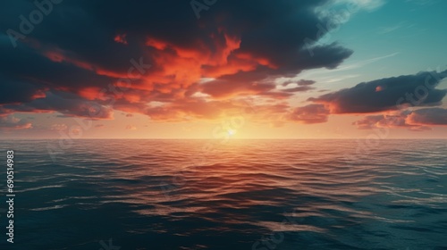  a sunset over a body of water with a boat in the middle of the water and clouds in the sky.
