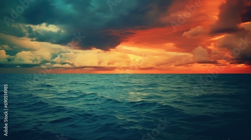  a large body of water with a sky filled with clouds and a sun setting over the ocean in the distance.