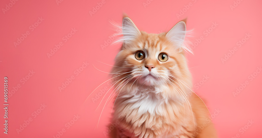 a peach cat on a studio pink background. close-up. portrait of a pet.
