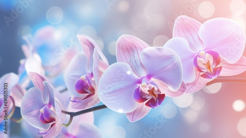 a close up of a pink flower on a branch with boke of light in the background and a blurry background.