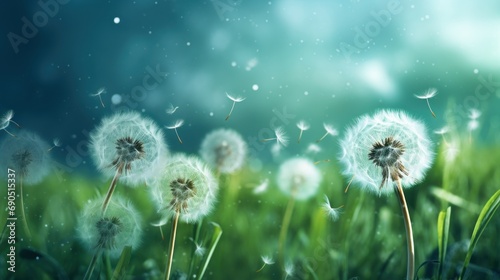  a group of dandelions blowing in the wind on a green grass field with a blue sky in the background.