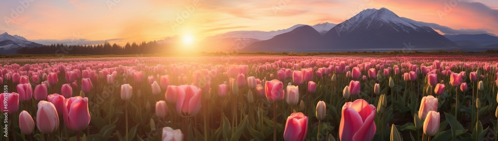 Twilight's glow illuminating a field of delicate tulips.