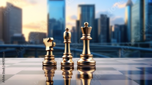  a set of gold chess pieces on a checkerboard surface with a view of a city in the background.