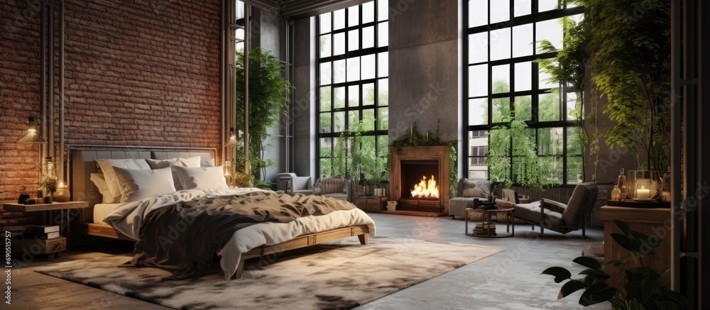 Fototapeta premium Luxurious loft-style studio apartment with a spacious bedroom area, large window, and lively greenery.