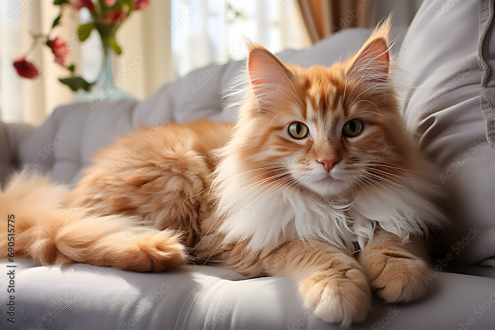 A fluffy peach-colored cat is sitting on the couch, a close-up portrait of a pet.