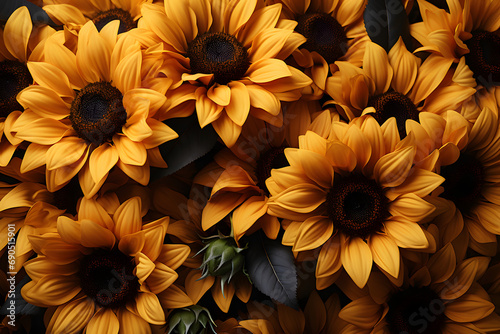 Sunflowers as a floral background, top view. a bouquet of garden flowers in close-up.
