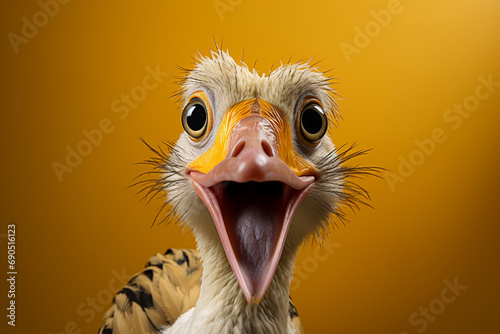 Portrait Banner for Website of surprised amazed duck goose pet with a curious face with open mouth at on plain studio yellow background. Website banner concept. Advertising postcards, notebooks