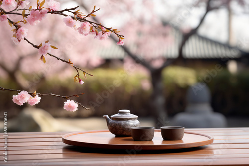 Cherry blossom-themed empty tea table in focus, the interior of a serene Chinese garden with soft pink blossoms in the background...