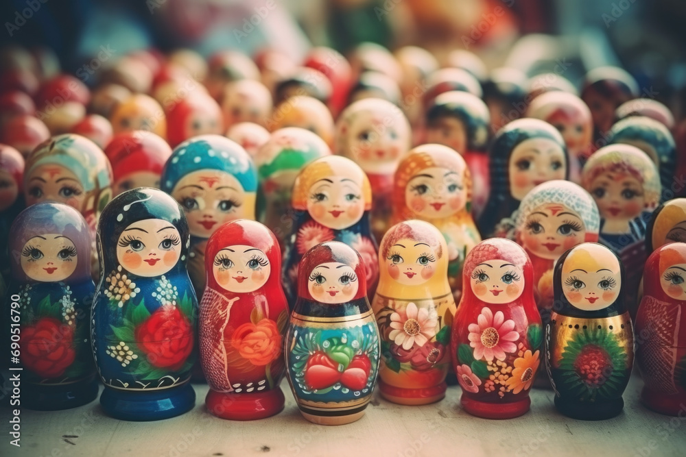 Brightly painted population of wooden Matryoshka or Babuska stacking dolls. Varying sizes. Females faces with red lipstick and rosy cheeks. Girls in traditional floral dresses and scarfs?