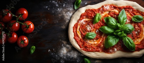Homemade pizza with basil, tomato paste on rolled dough, viewed from above.