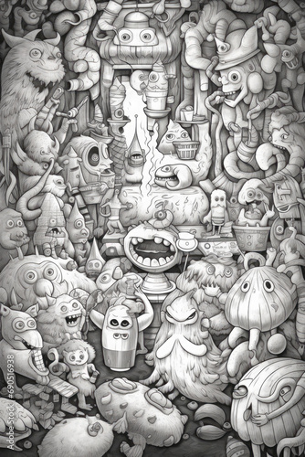 A blowout monster party, clean line, coloring page for adults