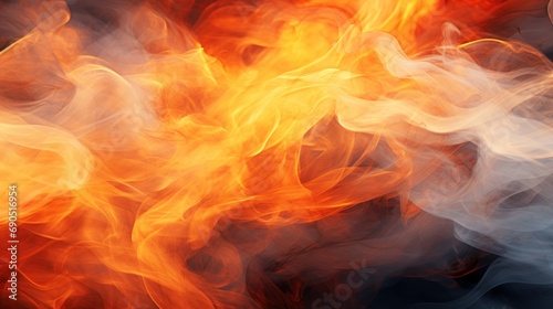  a close up of a red and yellow fire with smoke coming out of the top of it and a black background. © Jevjenijs