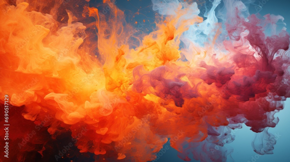  an orange, red and blue cloud of smoke on a blue background with a light reflection on the bottom of the image.
