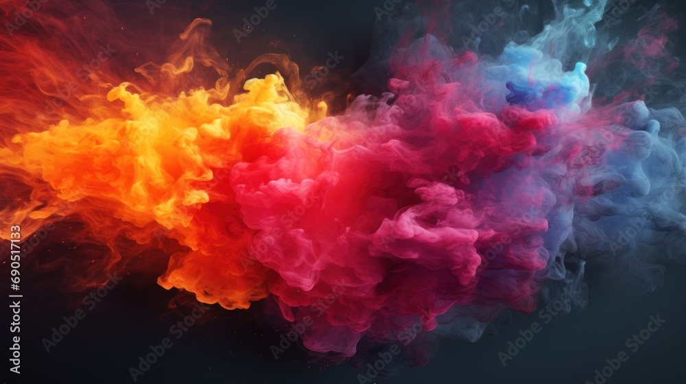  a multicolored cloud of smoke is shown in the middle of a black background with a black background and a red, orange, blue, yellow, pink, and green, and pink smoke is in the middle.