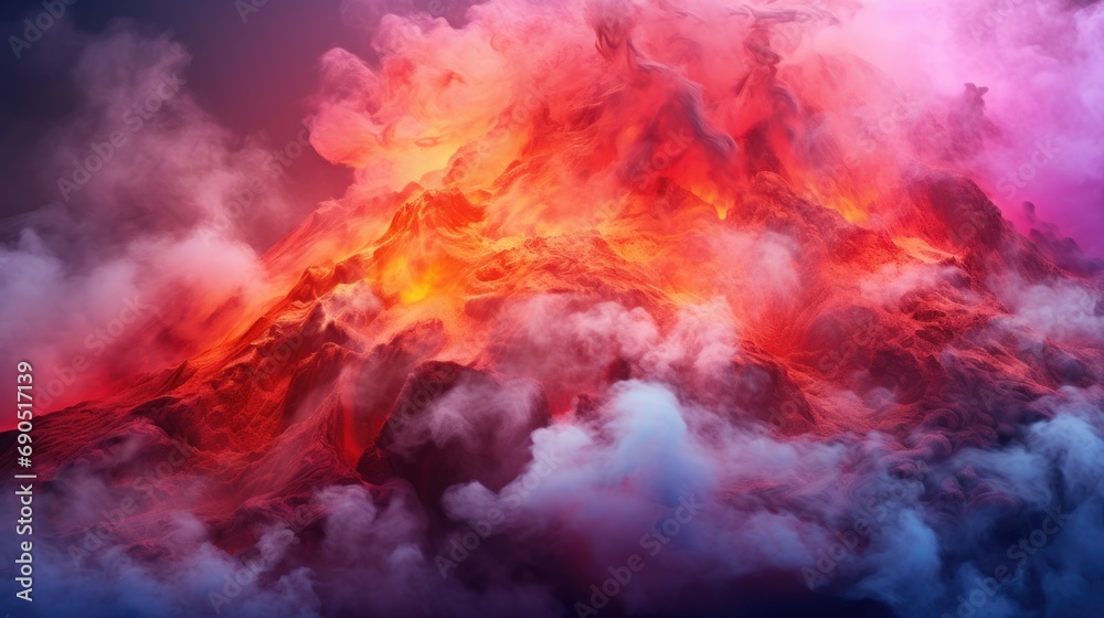  a mountain covered in red, orange, and blue smoke with a bird flying over the top of the mountain.