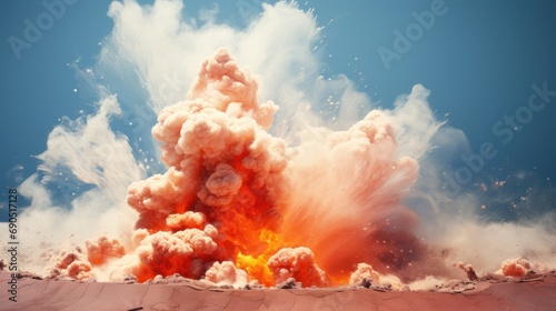  a huge explosion of orange and white smoke on a blue sky background with a large amount of white smoke coming out of the top of it. © Jevjenijs