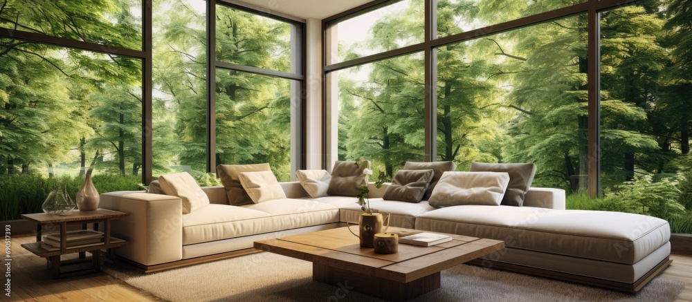 Nature-inspired living room with expansive windows, beige sofa, and dark hardwood floor framing the lush green woods.