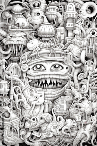 A blowout monster party, clean line, coloring page for adults