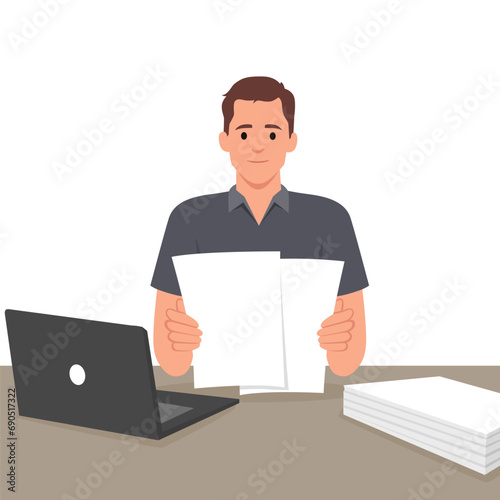 Young man looking through paper documents, satisfied with research results. Smiling male accounting manager reviewing financial report. Flat vector illustration isolated on white background