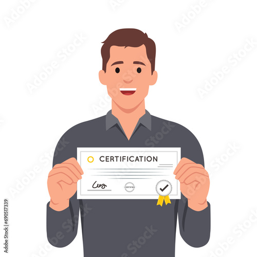 Businessman with paycheck sits at office desk with laptop showing off investments in start-ups from large corporations. Man with paycheck at his workplace demonstrates certificate for large amount. 