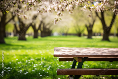 Freshly mowed grass empty picnic table in focus, the interior of a vibrant park with a backdrop of blossoming trees, ready for a lively spring sale promotion...