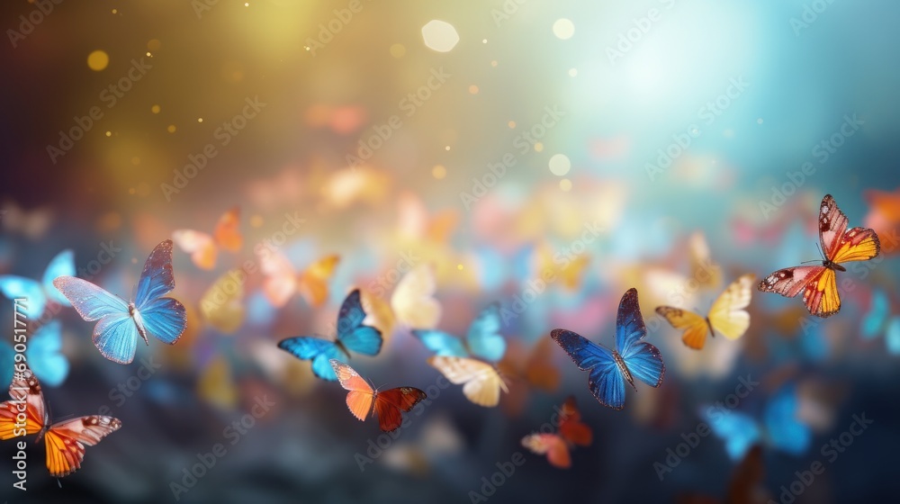  a group of multicolored butterflies flying in a blue, yellow, orange, and pink sky with boke of light in the background.