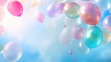  a bunch of balloons floating in the air with a blue sky and white clouds in the background with some pink, blue, and green balloons floating in the air.