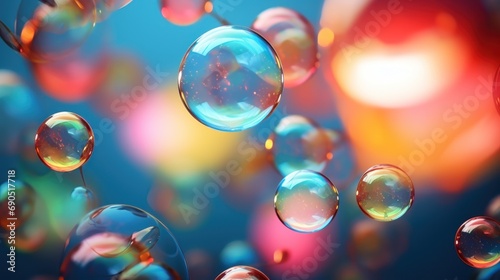  a bunch of soap bubbles floating in the air on a blue and pink background with a lot of bubbles floating in the air.