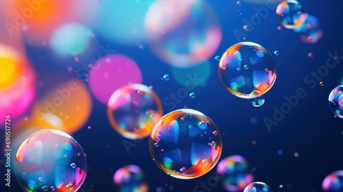  a bunch of soap bubbles floating in the air on a dark blue background with multicolored bubbles floating in the air. © Jevjenijs
