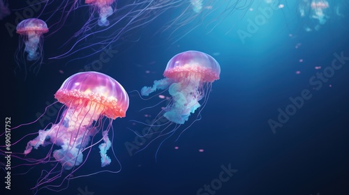  a group of jellyfish floating in a blue water filled with lots of pink and purple jellyfish floating in the air. © Jevjenijs