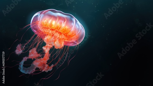  a close up of a jellyfish on a black background with a blue sky in the background and an orange jellyfish in the foreground. © Jevjenijs