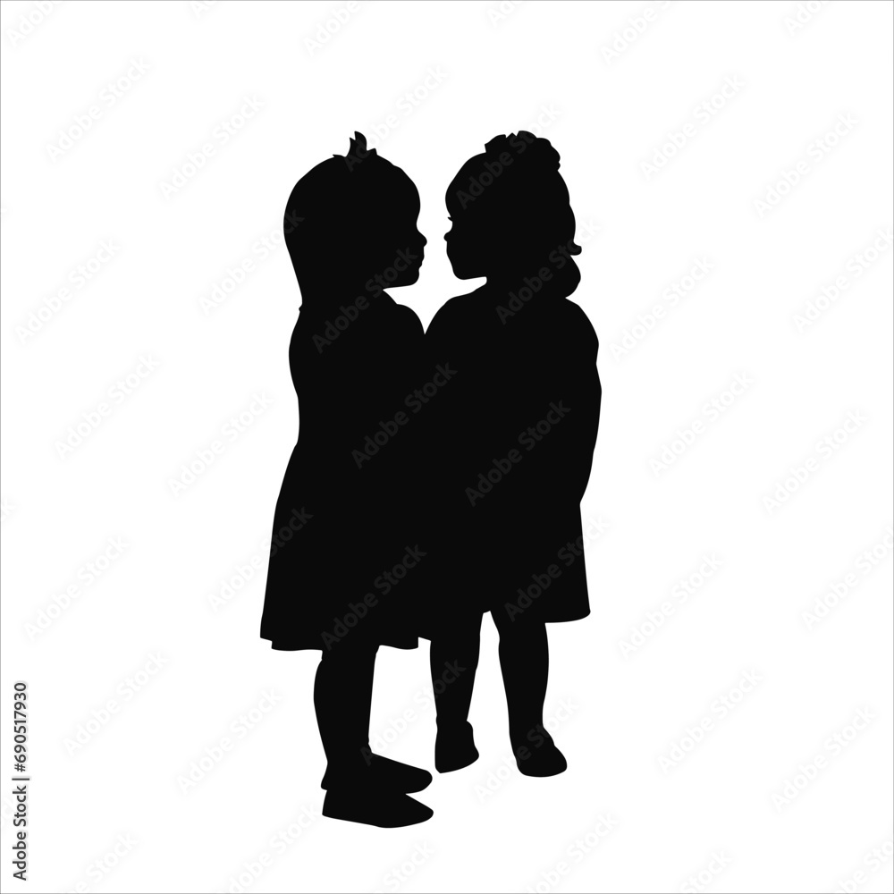 Black and white vector silhouette. Two little girls are standing next to each other. An isolated object. Template design, icon, clipart, logo.