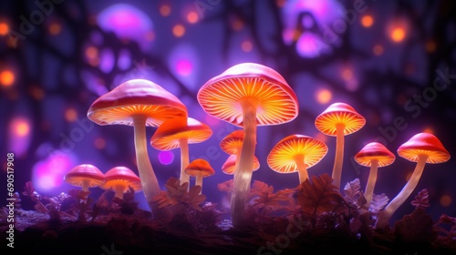  a group of mushrooms sitting on top of a forest covered in purple and orange lights in front of a purple background.